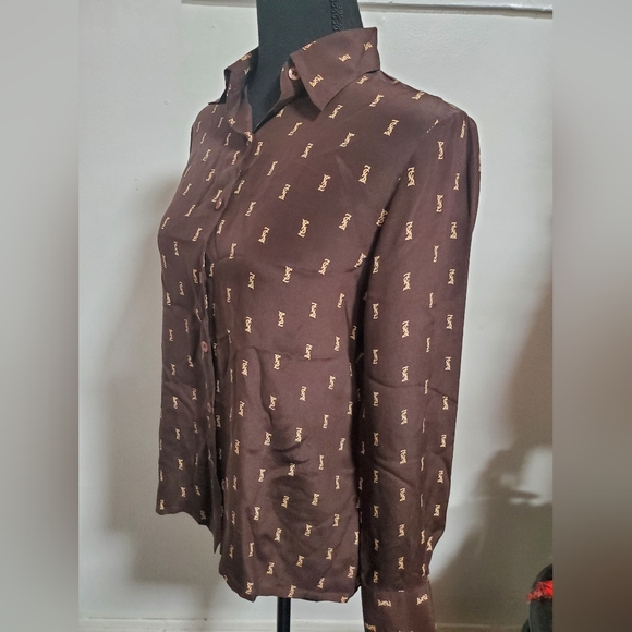 Vintage Yves Saint Laurent YSL Brown Silk Logo Long Sleeve Button Up Blouse sz12 - Picture 2 of 8